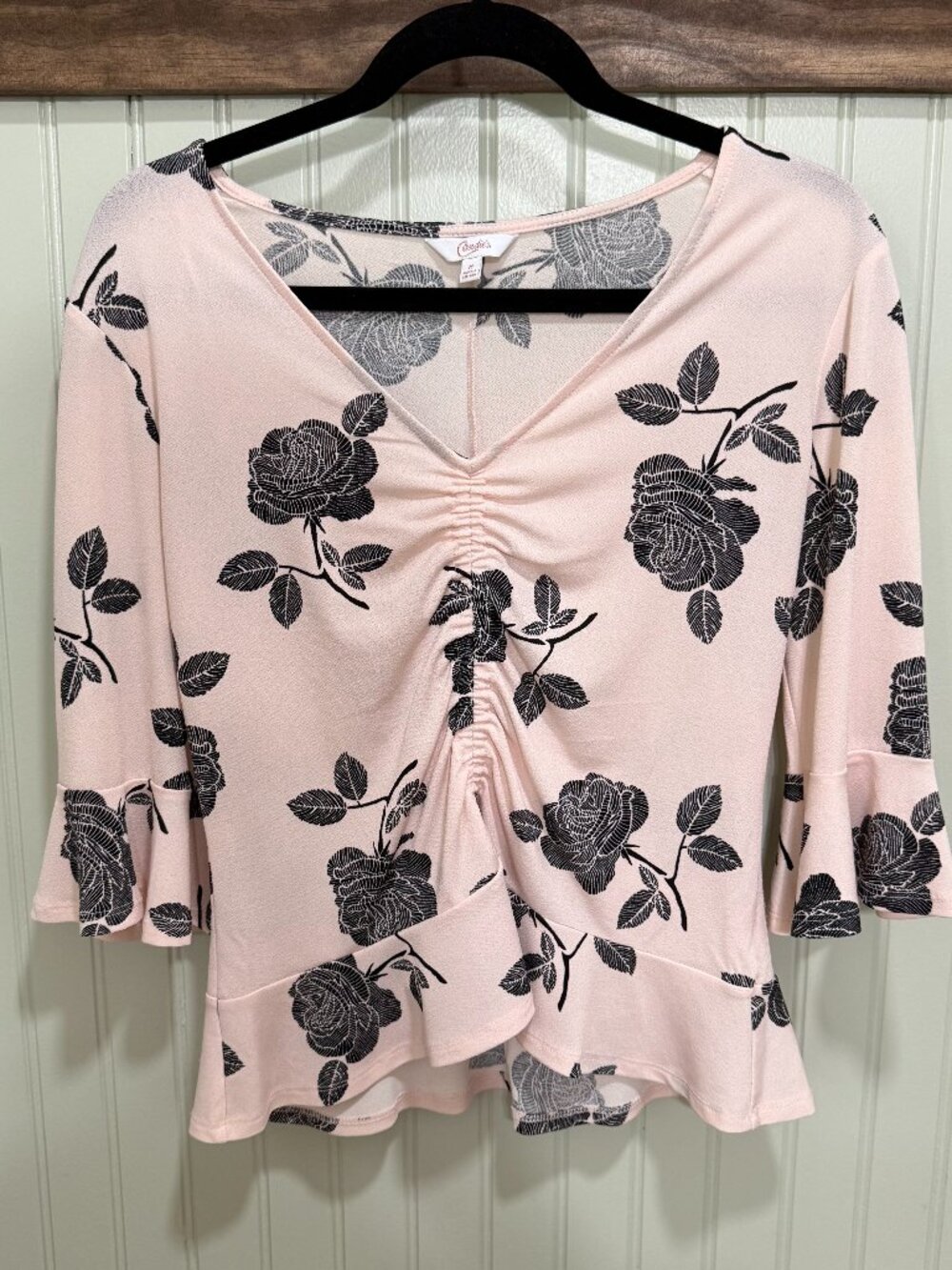 Candie’s Y2K Pink Black Rose Floral Ruched Top Medium Bell Sleeve Ruffle Hem